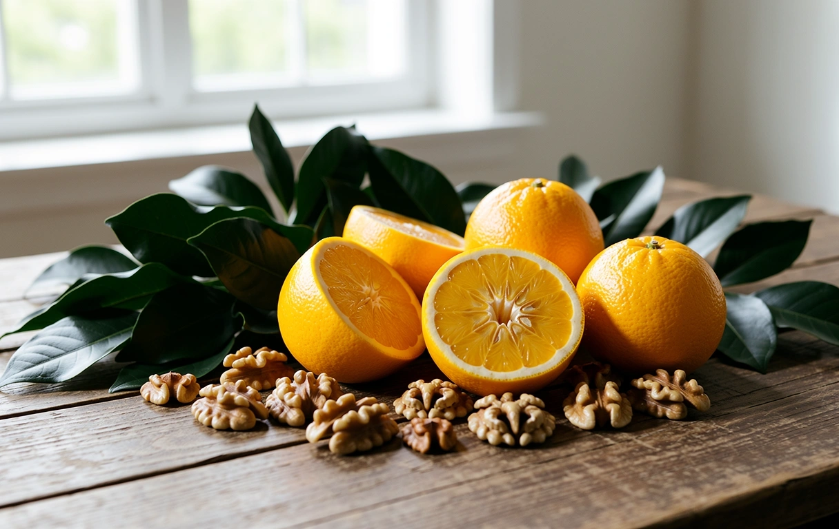 Fresh whole foods arranged on a wooden surface